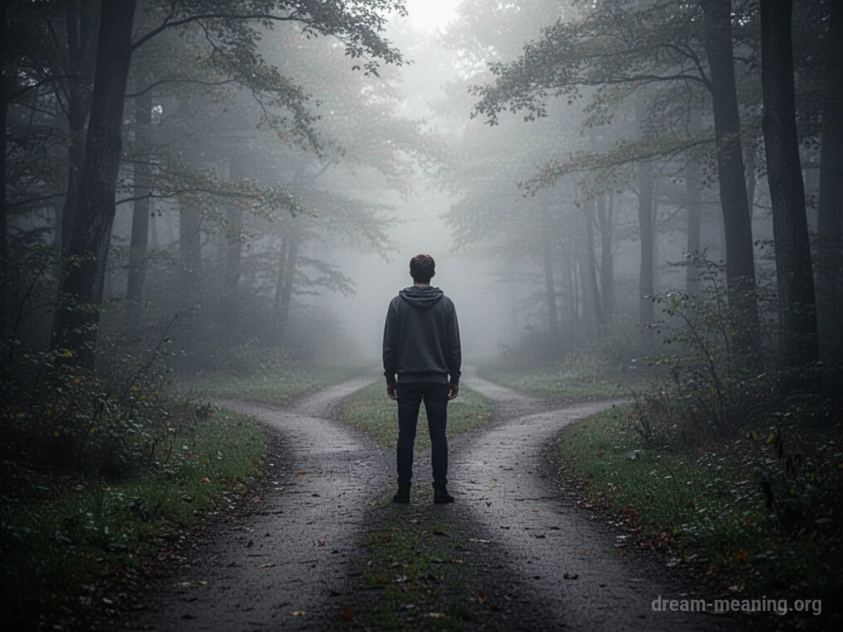 A person hesitates at a path split, looking behind them.