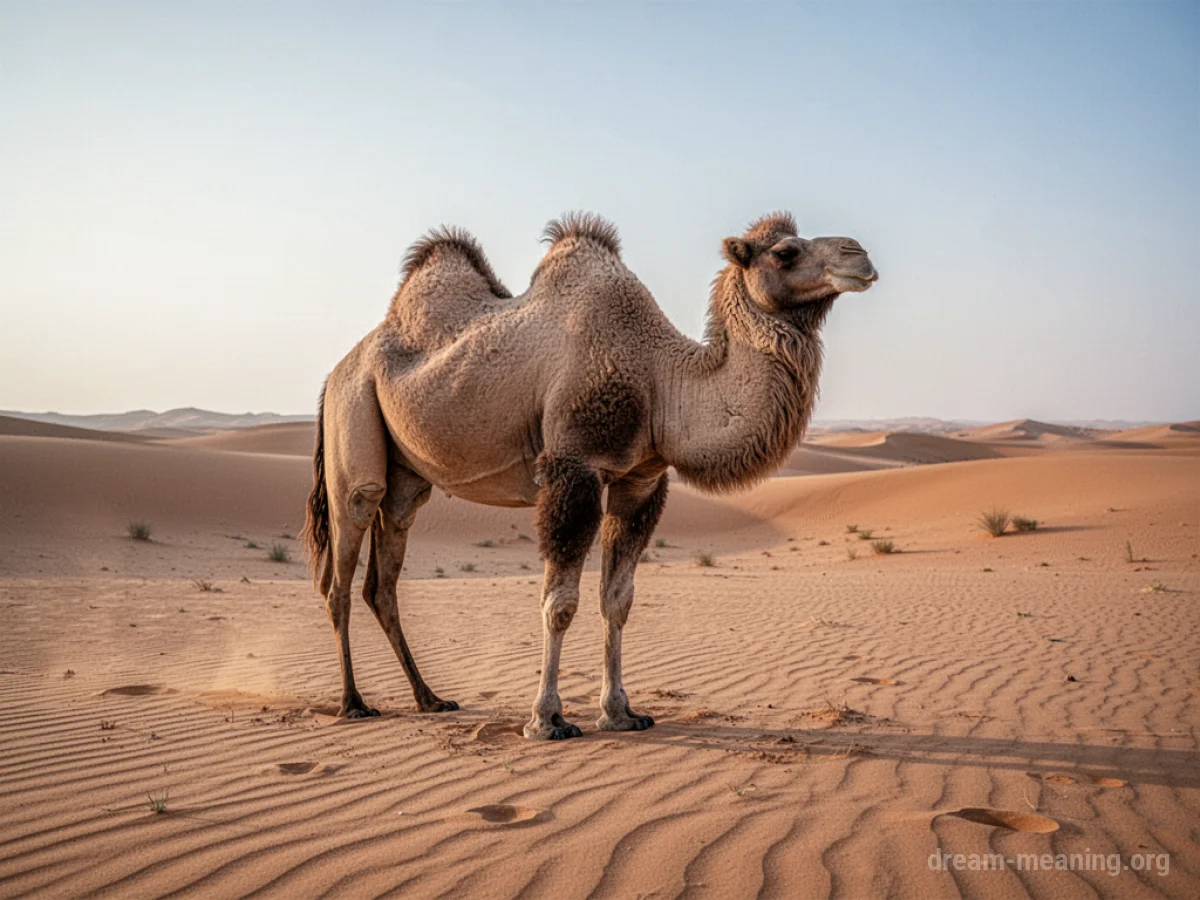 A camel with two distinct humps in a desert landscape.