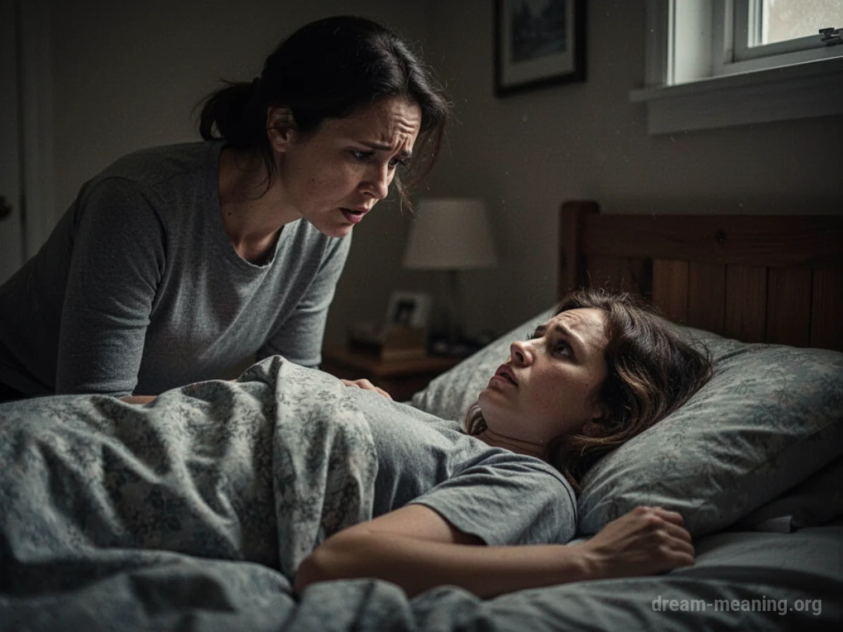 A person looks down at another person in bed with a worried expression.
