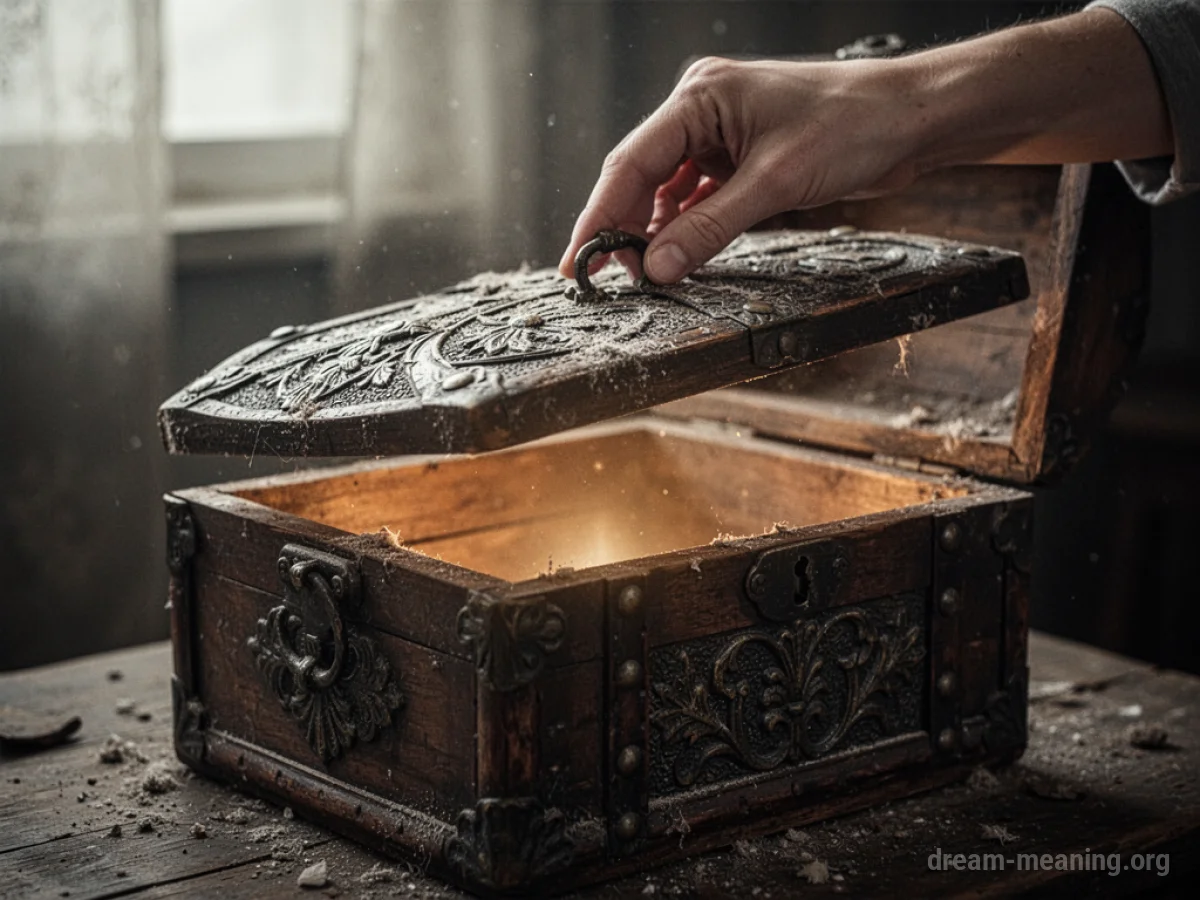 A hand lifting the lid of an old chest.