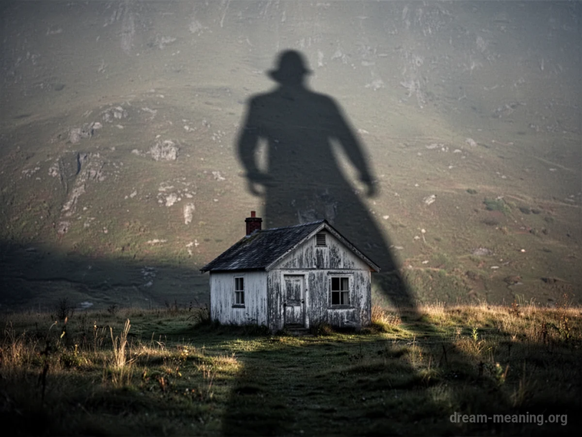 A dark, elongated shadow stretching from a figure towards a small building.