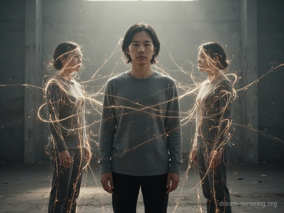 A person is surrounded by faint, glowing energy lines.