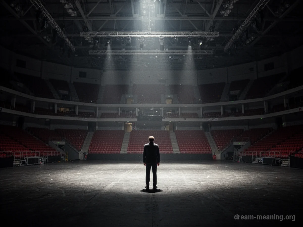A lone figure in a dark arena with distant spotlights.