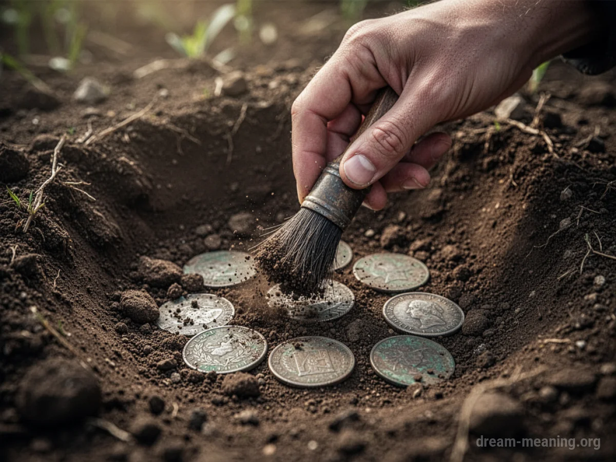 A hand with dirt on its fingers uncovering old coins in the soil.