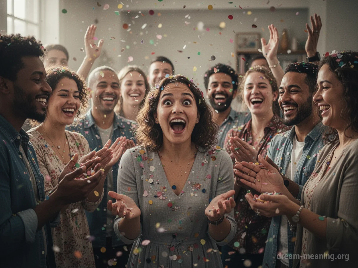 A diverse group of people holding confetti, with one person looking surprised and pleased.