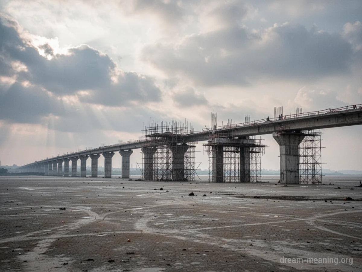 A partially constructed bridge with visible scaffolding, spanning a desolate area.