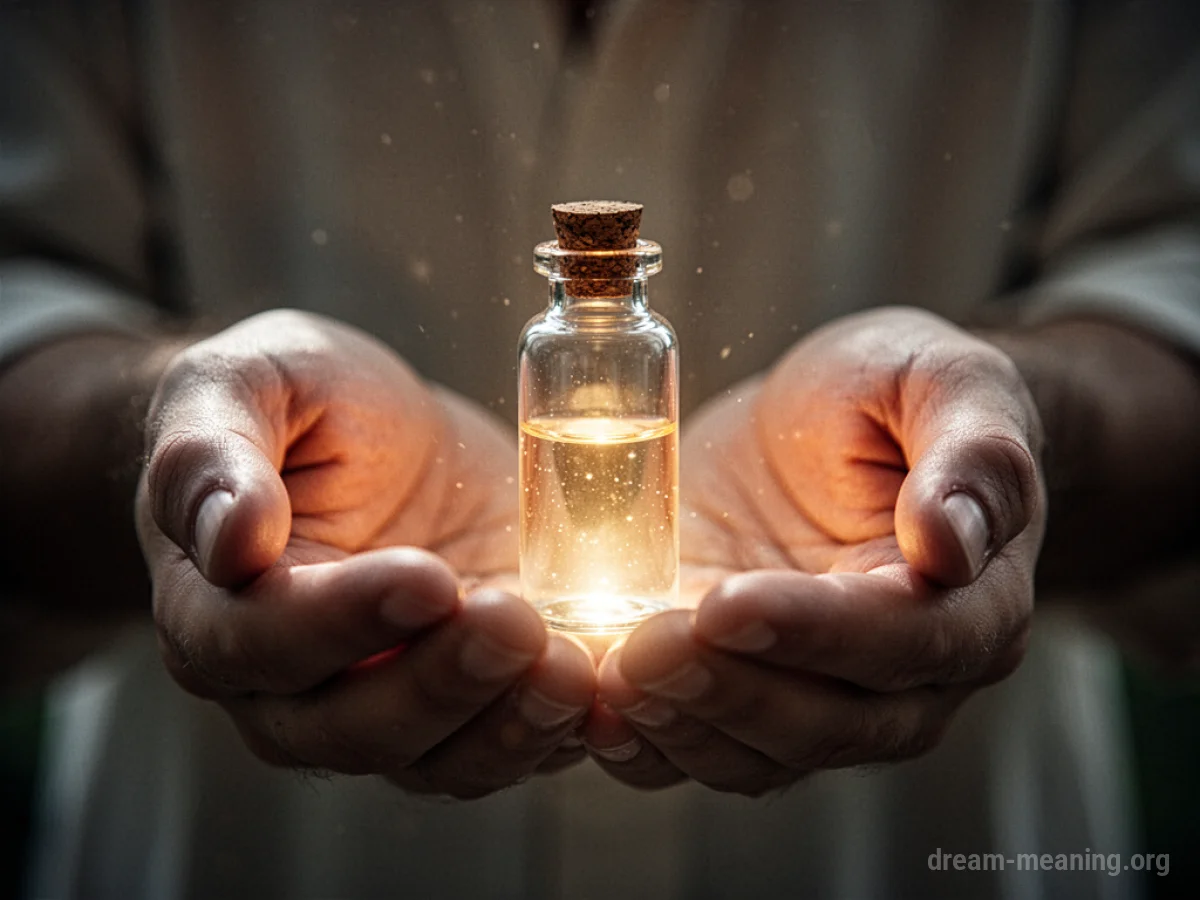 Two hands carefully holding a luminous vial.