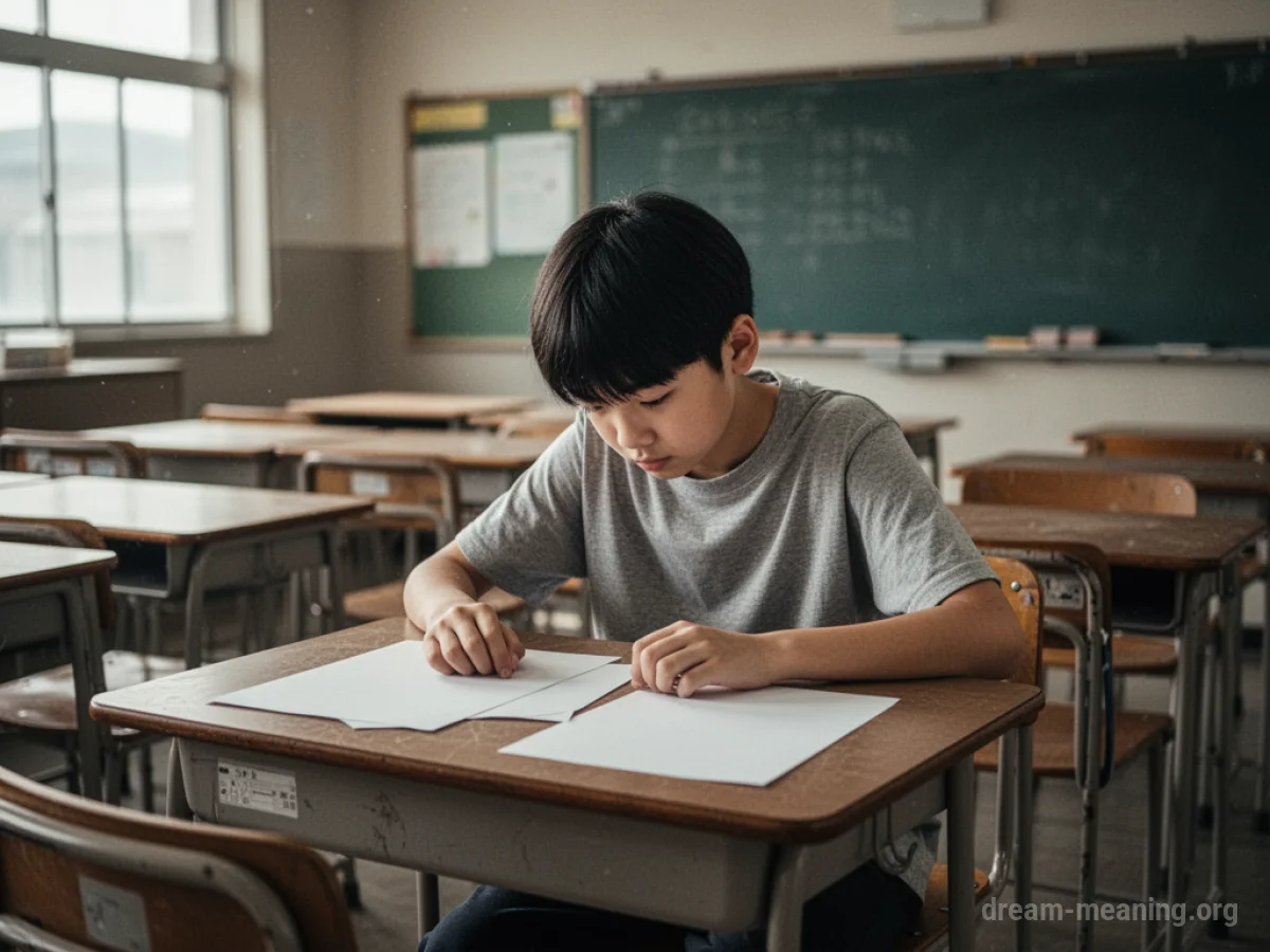 A student sits alone at a desk in an empty classroom with blank papers.