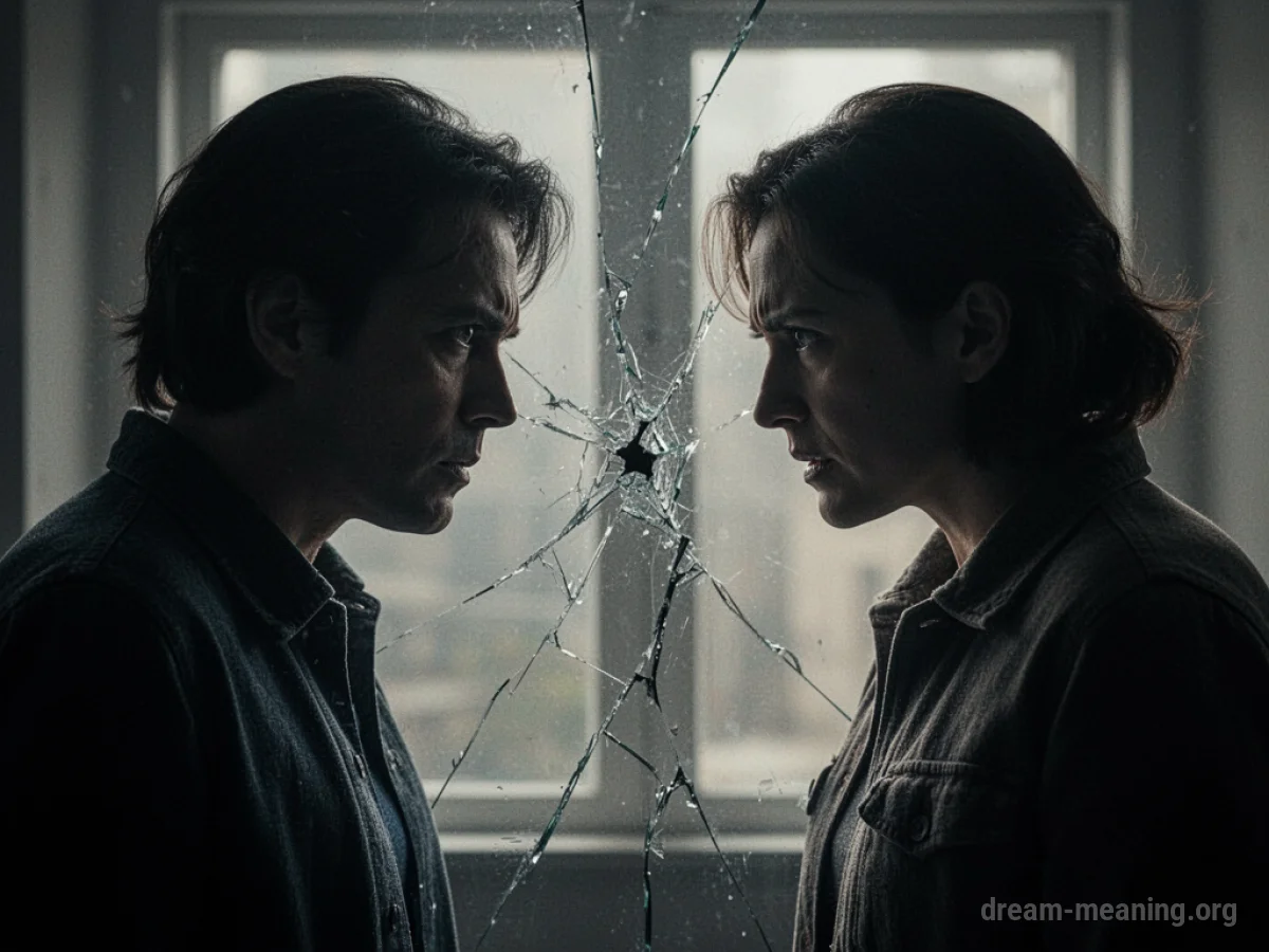 Two indistinct figures facing each other with a visible division between them.