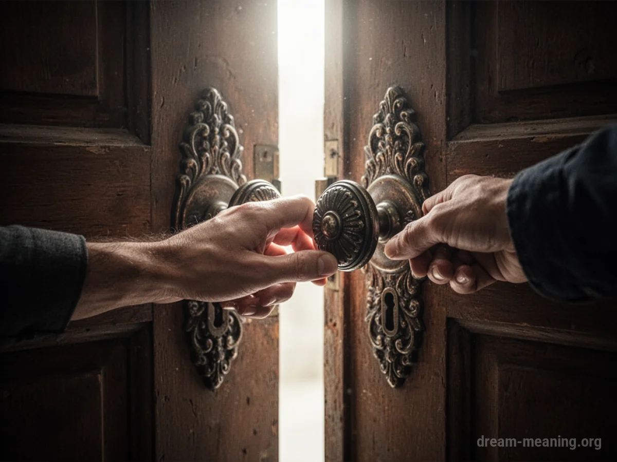 A hand reaching towards a partially open, bright doorway.