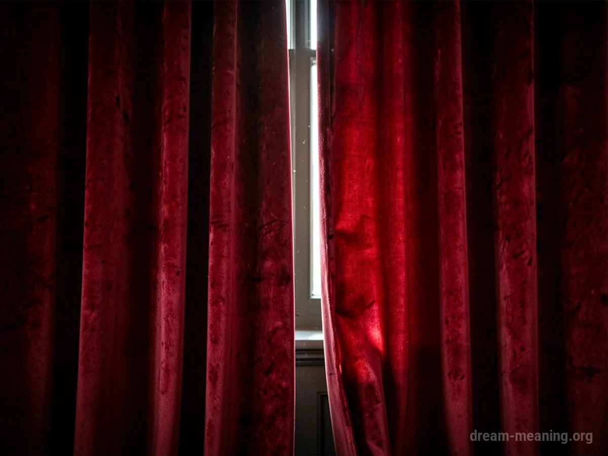 Thick, red velvet curtains are partially open.