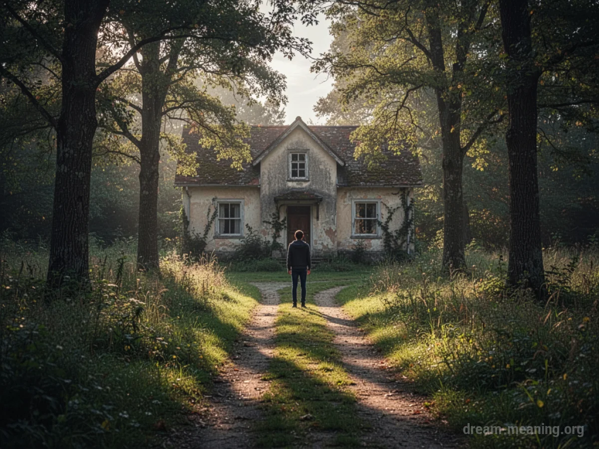 A person walking up a path towards an old house.
