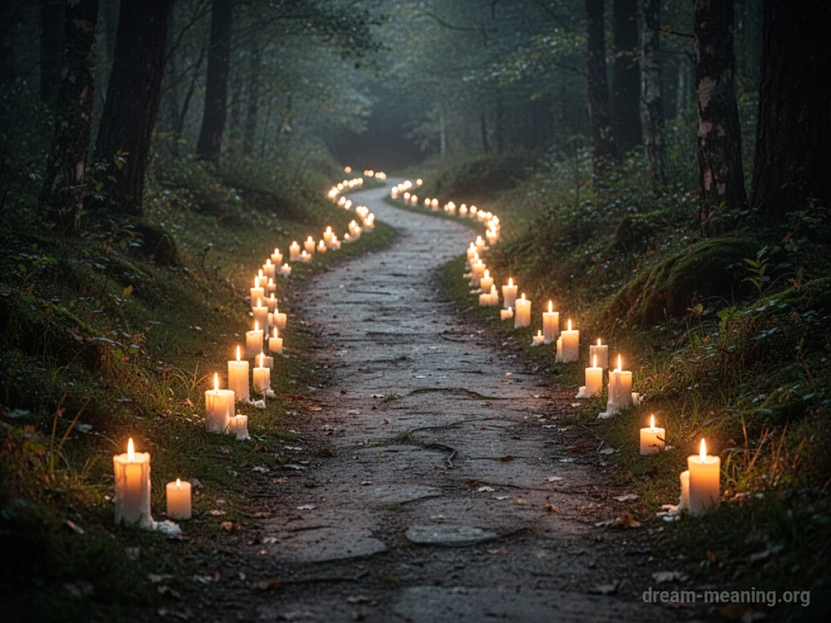 A person walking on a path lit by candles.