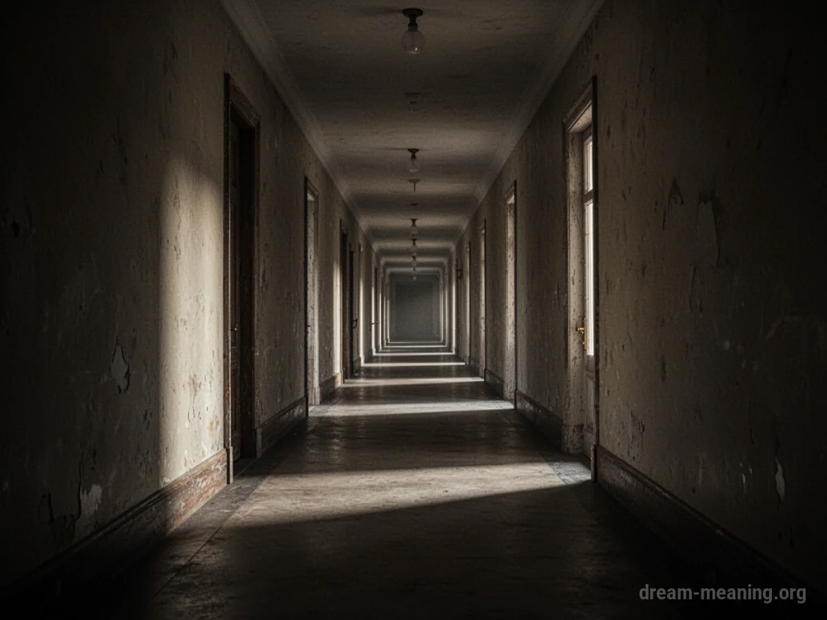 A long, dimly lit corridor with shadows on the walls.