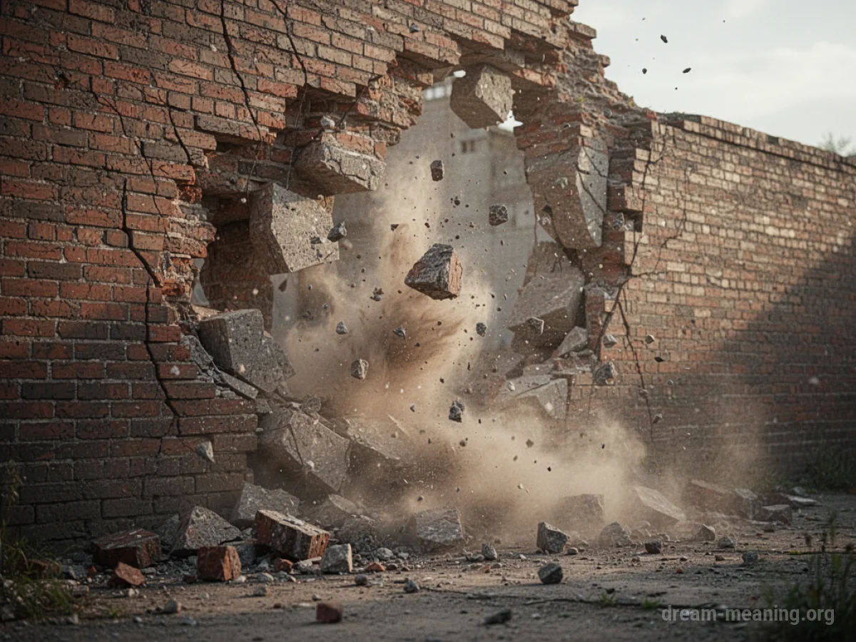 A brick wall crumbling and falling apart.