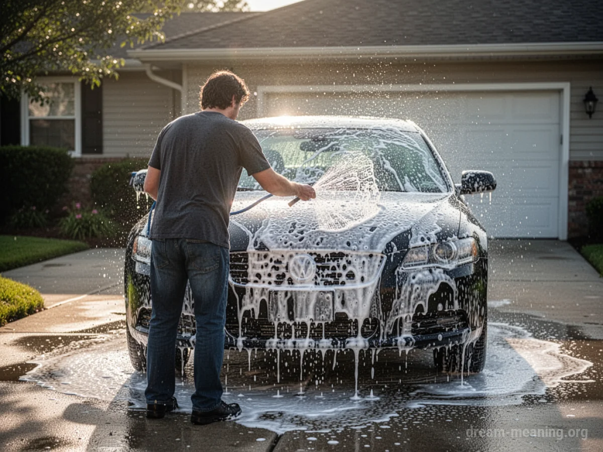 A person washing a car with a sponge and hose.