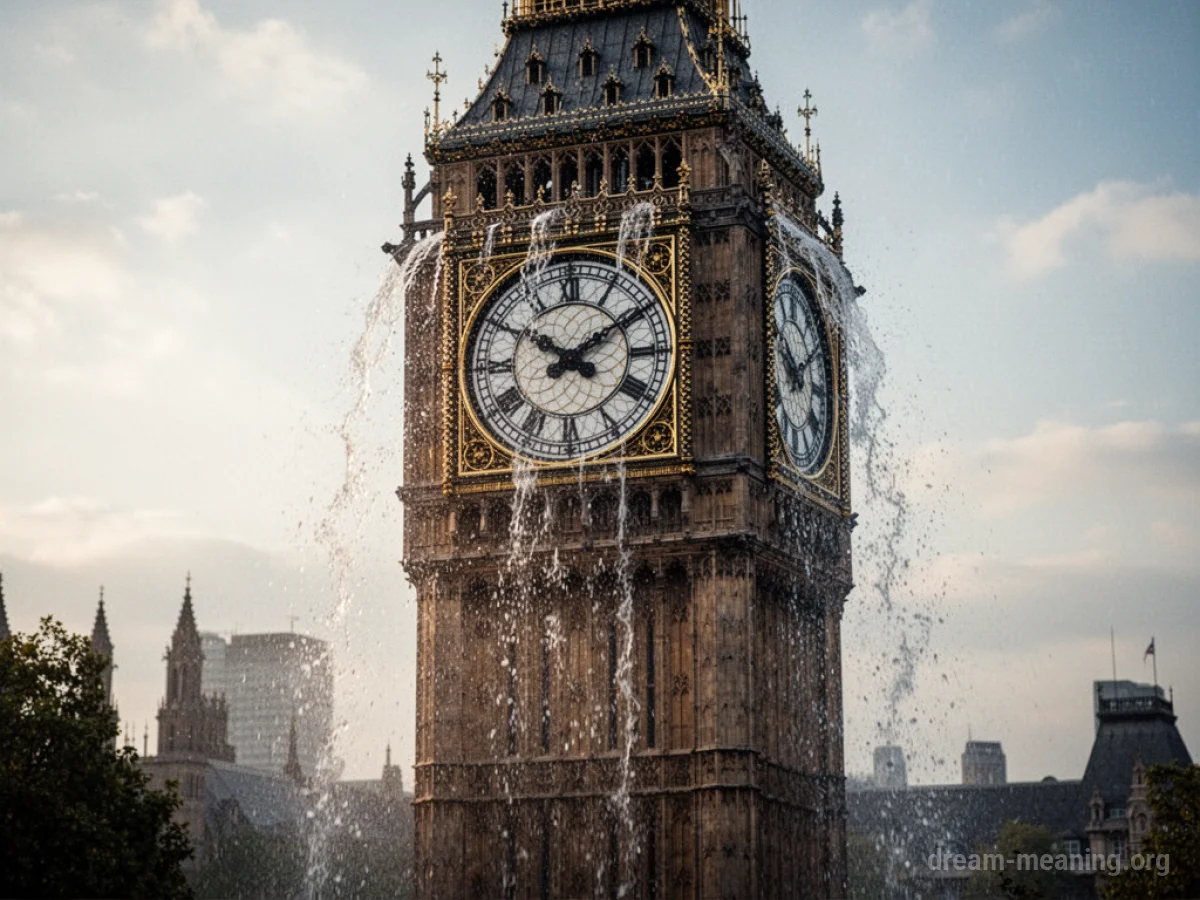 A stone clock tower with water cascading over its facade.