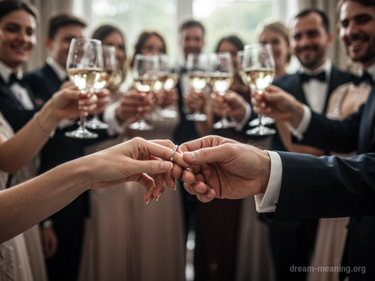 Hands exchanging wedding rings with a blurred crowd in the background.