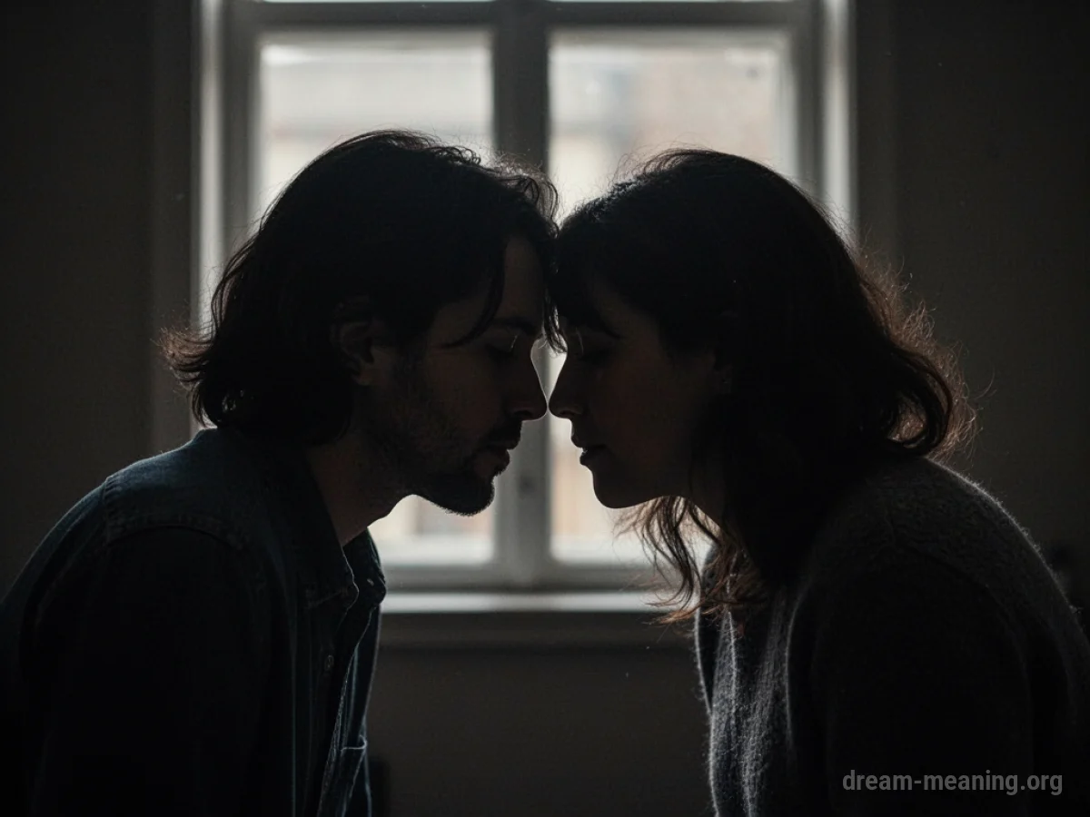 Two silhouettes leaning close together, heads bowed as if whispering.