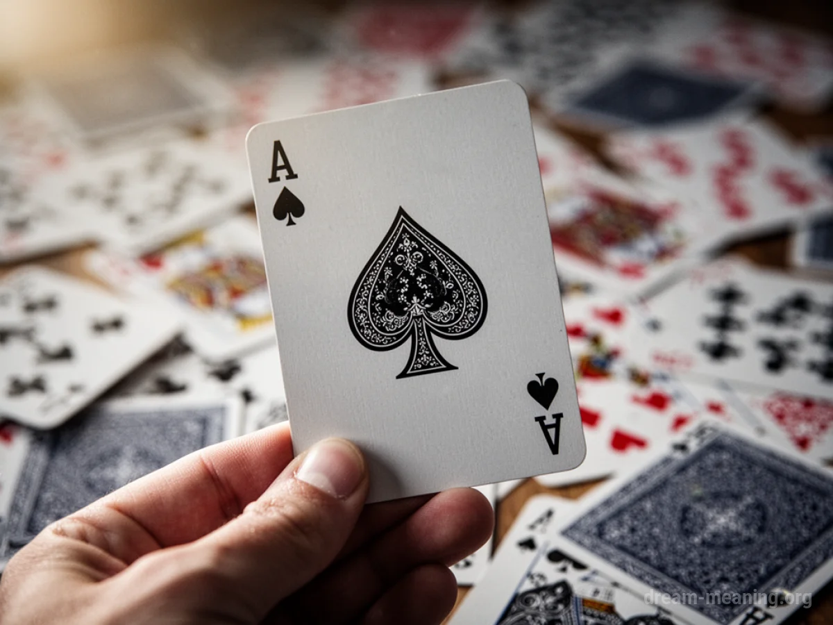 A hand of playing cards showing a winning combination on a table.