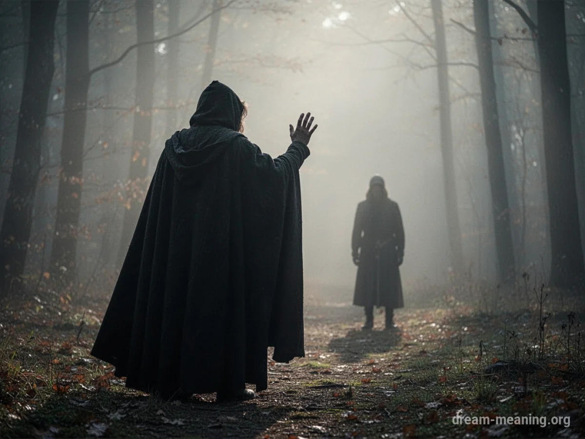 A shadowy figure in a dark cloak raising a hand towards a distant silhouette.