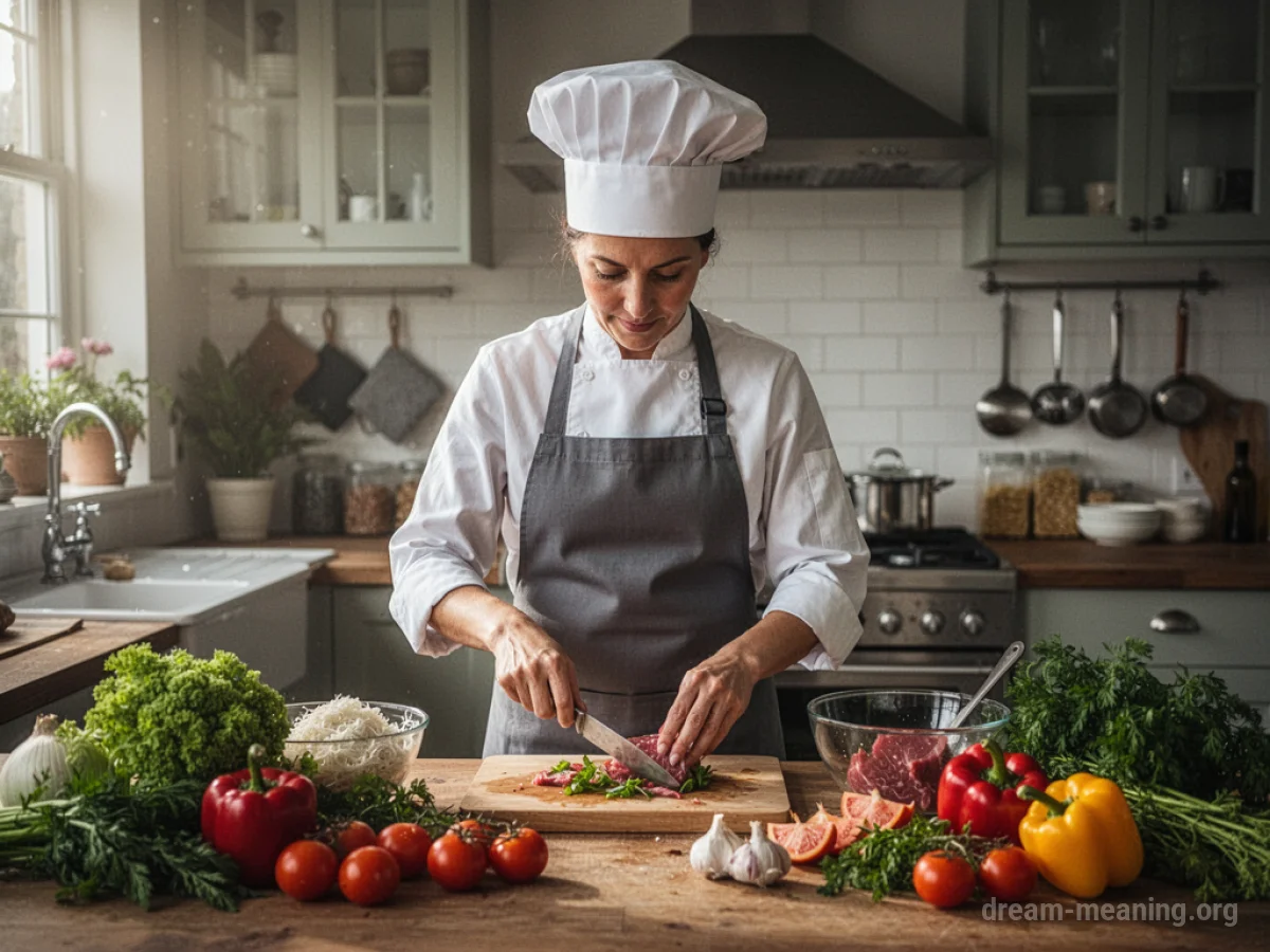 A person in a chef's uniform is chopping vegetables on a cutting board in a kitchen.