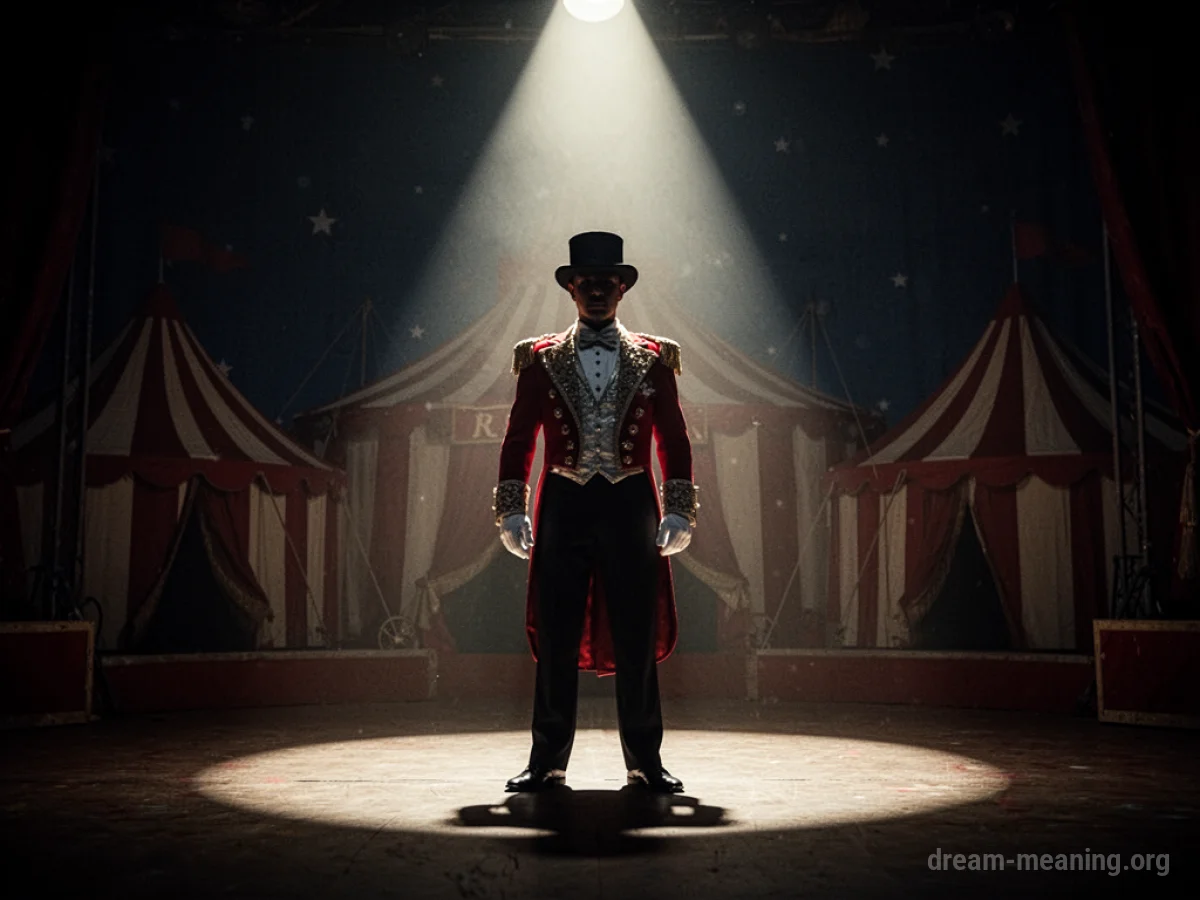 Silhouette of a performer in a spotlight on a circus stage.