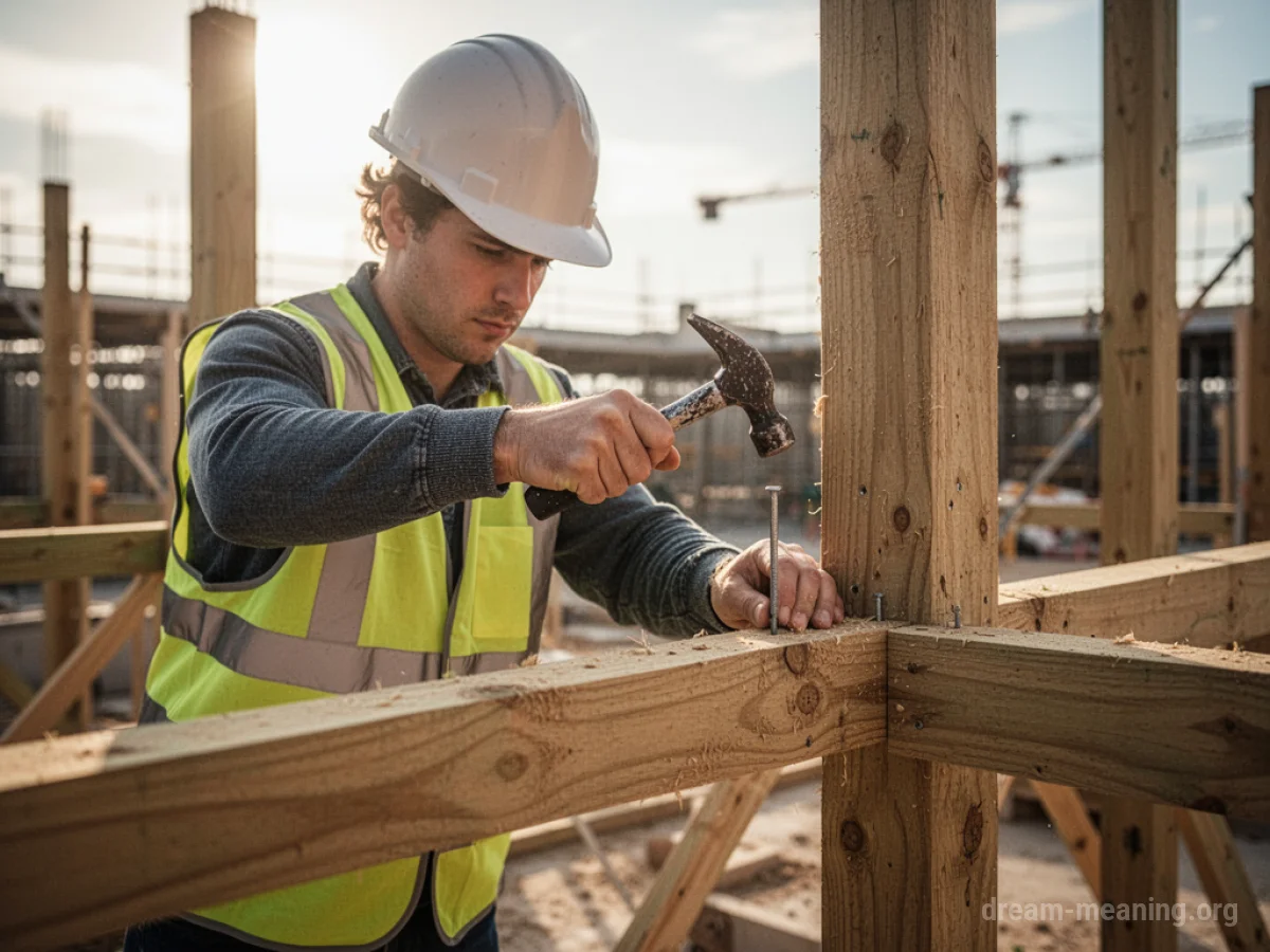 A person working on a construction project with tools and building materials.