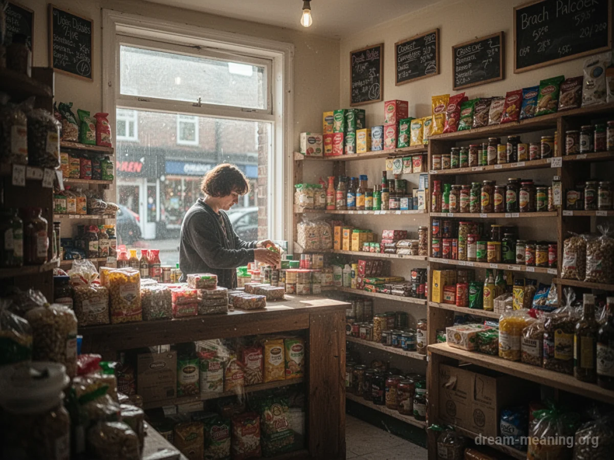 Person stocking shelves in a small corner shop.
