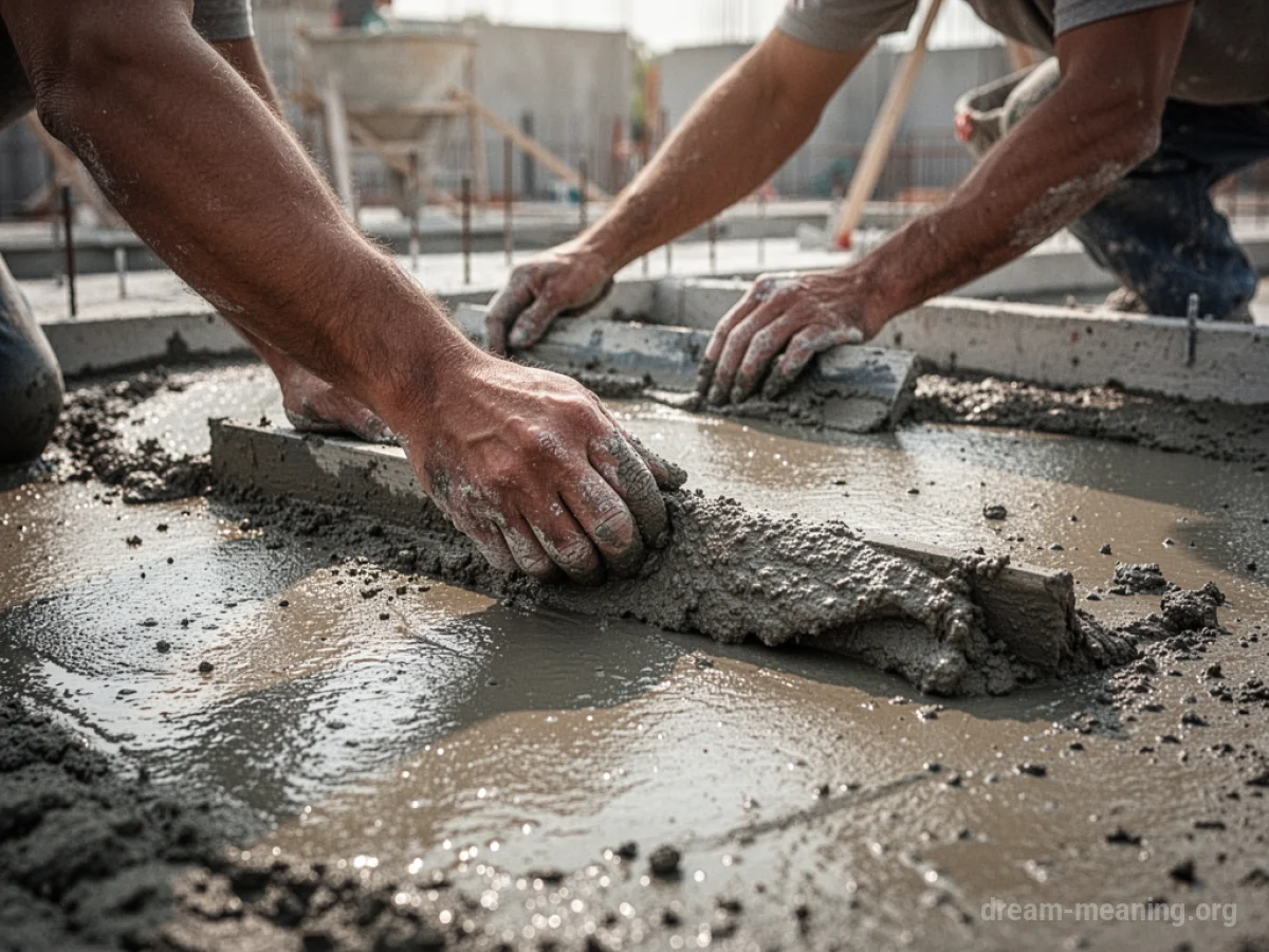 Hands smoothing wet concrete with a trowel.