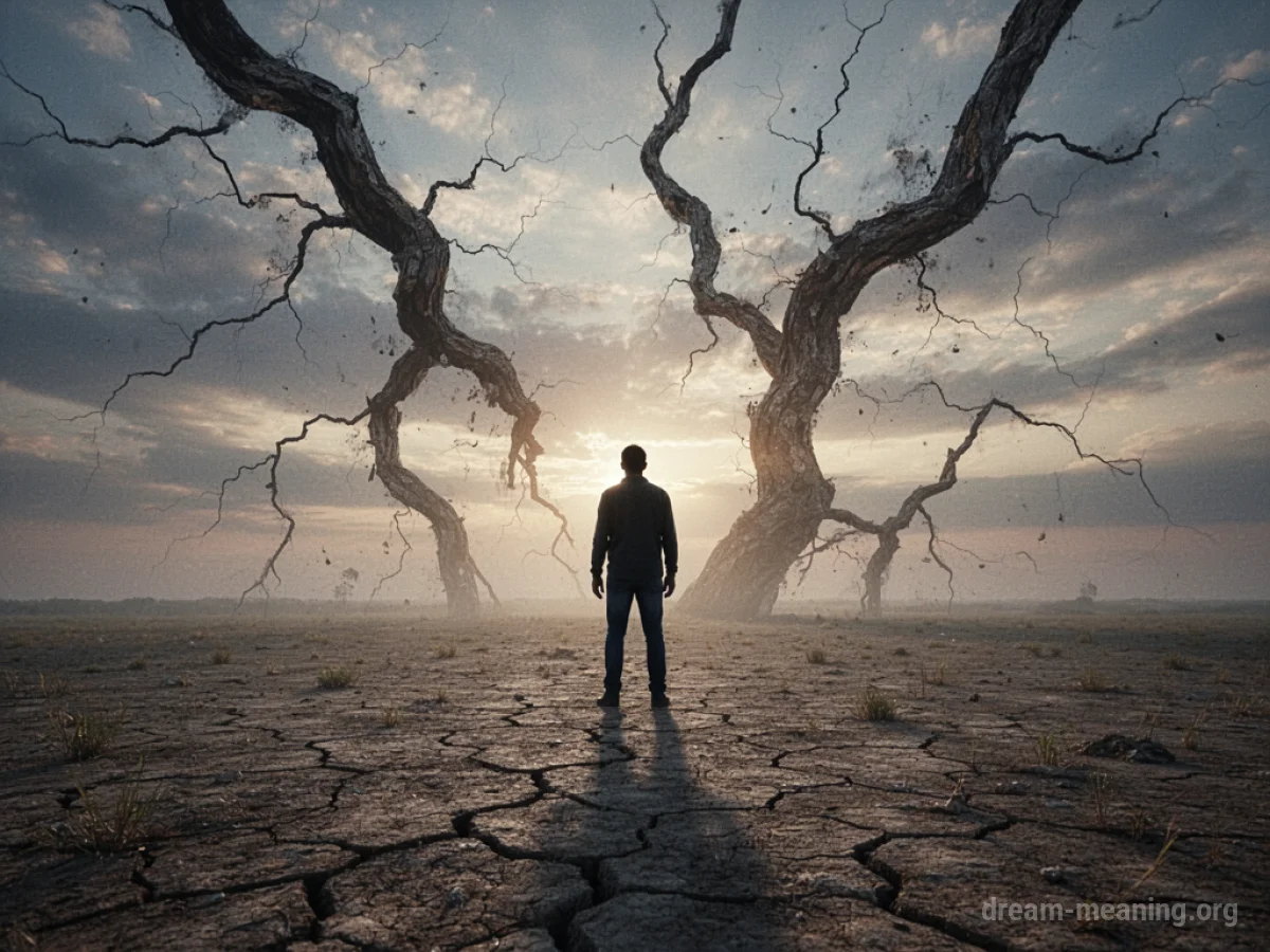 A lone figure stands on a broken landscape with cracks in the sky.