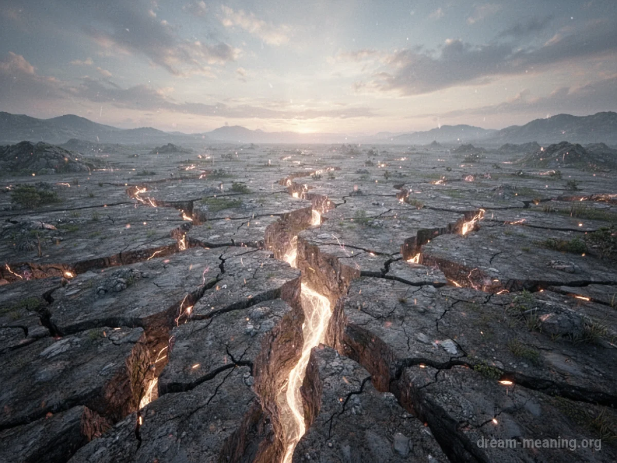 A landscape with deep cracks spreading across the ground and sky.