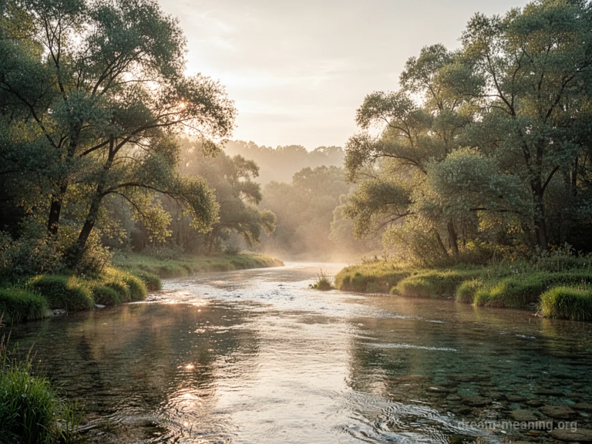 A wide, peaceful landscape under a warm, bright sky.