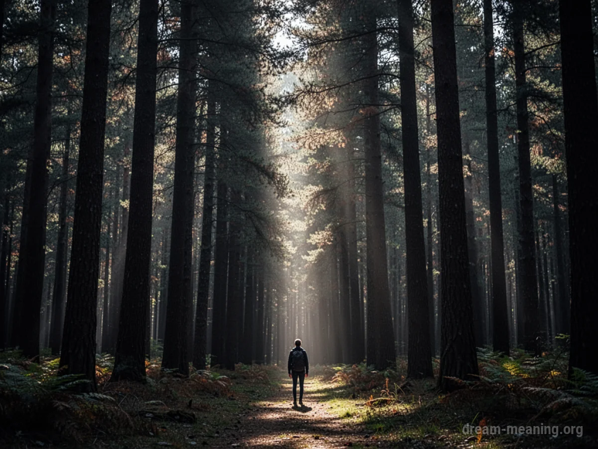 A single person standing at the entrance to a dark, dense forest.