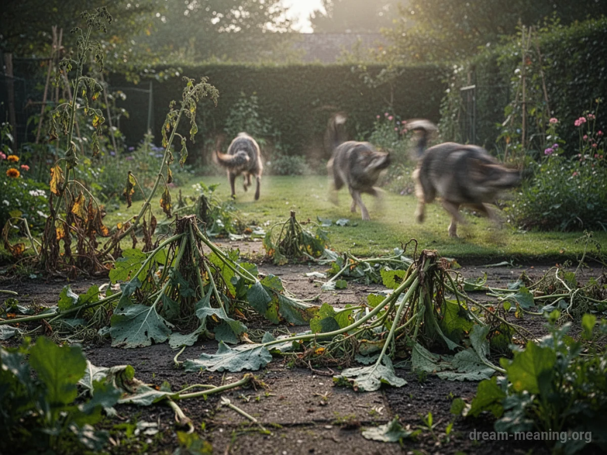 Torn plants and soil in a garden, with indistinct animal figures receding.