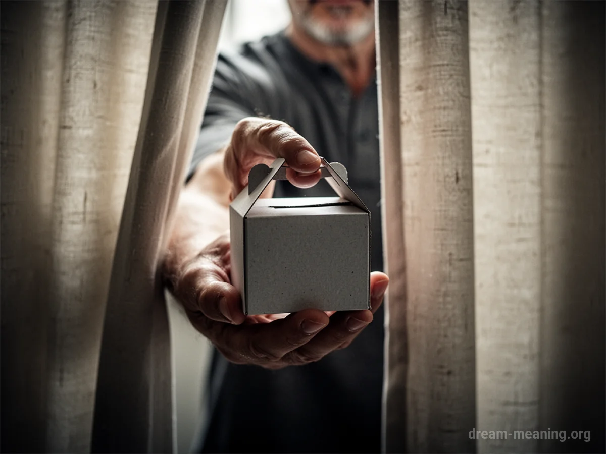 A hand emerging from behind a curtain holding an empty donation box.