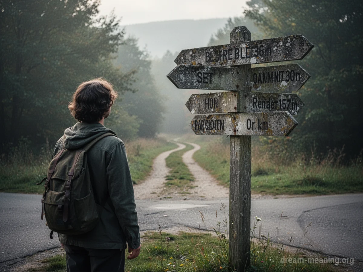 A person at a crossroads looking at a signpost with multiple arrows.