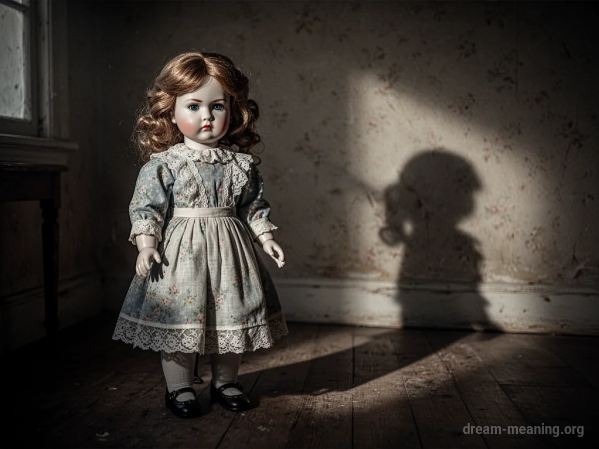 A single porcelain doll standing in a dark room.