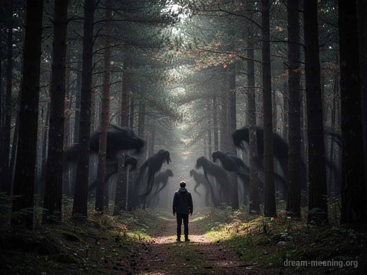 A person at the edge of a dark forest with shadows in the trees.