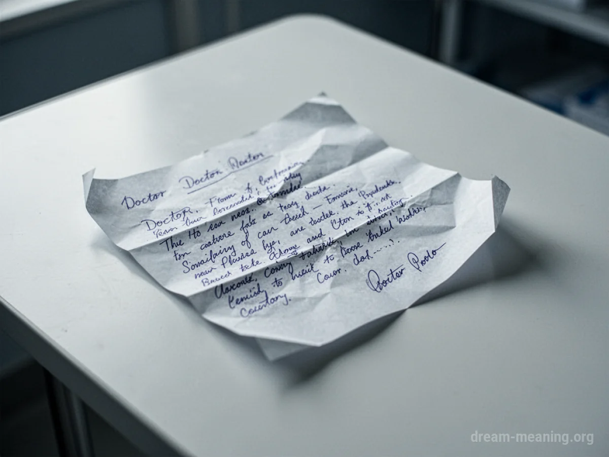 A close-up view of a document with medical handwriting on a white surface.