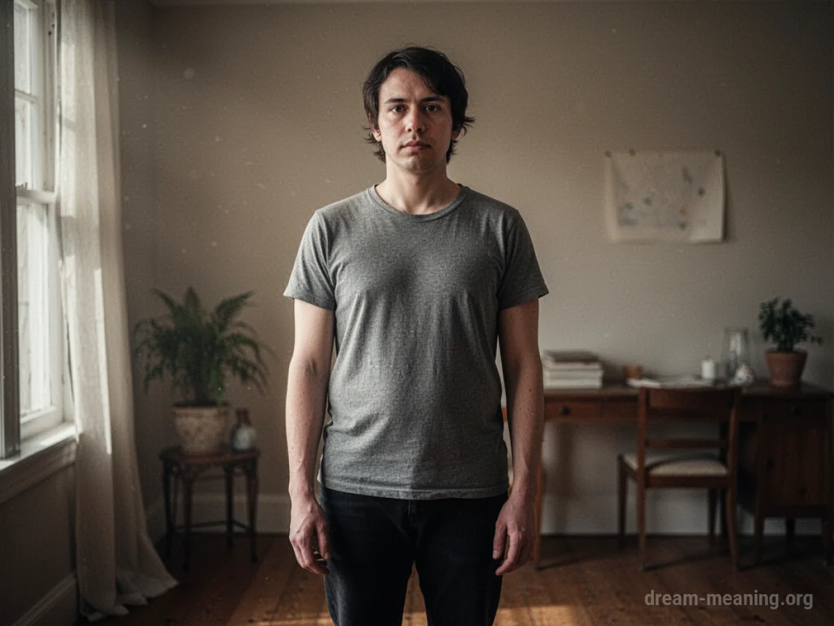 A figure standing rigidly in a softly lit room.