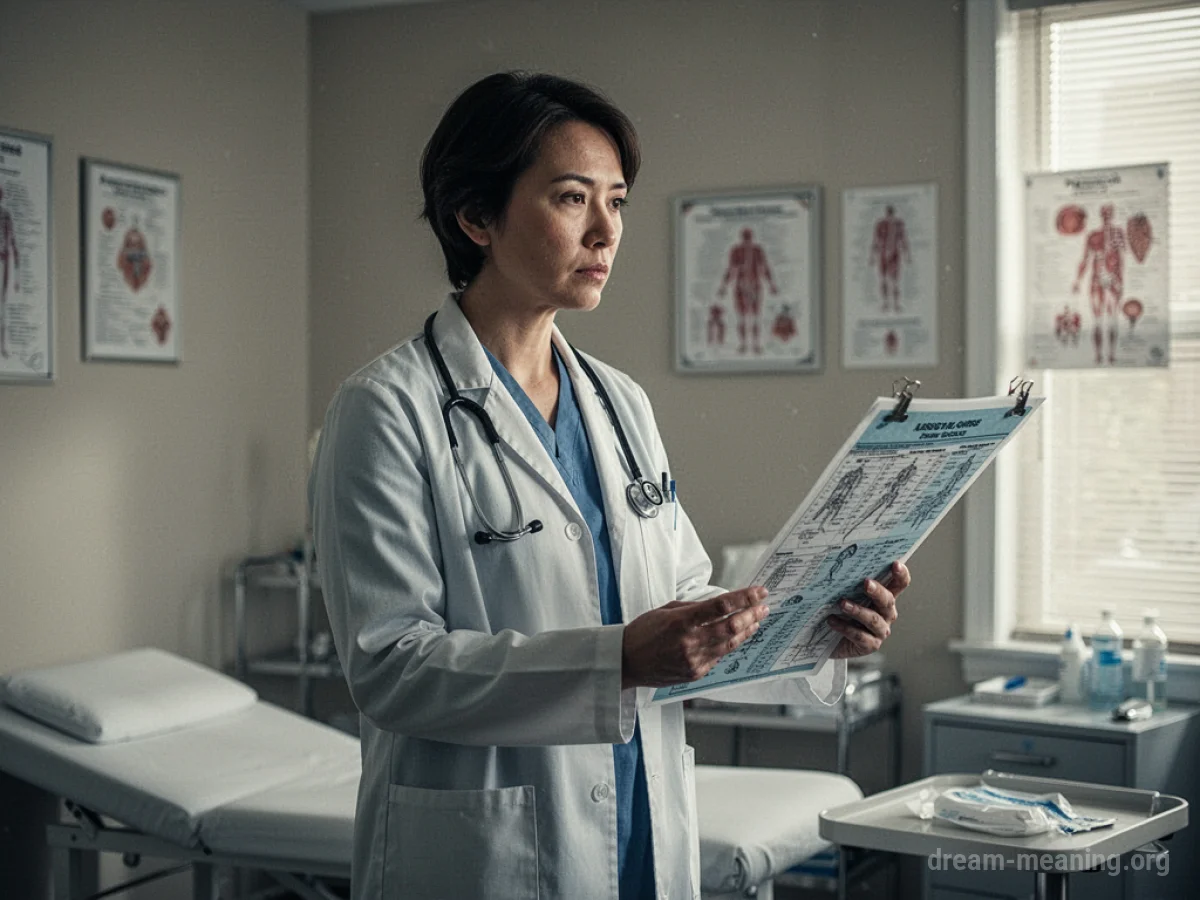 Person in a doctor's coat holding a clipboard in an examination room.