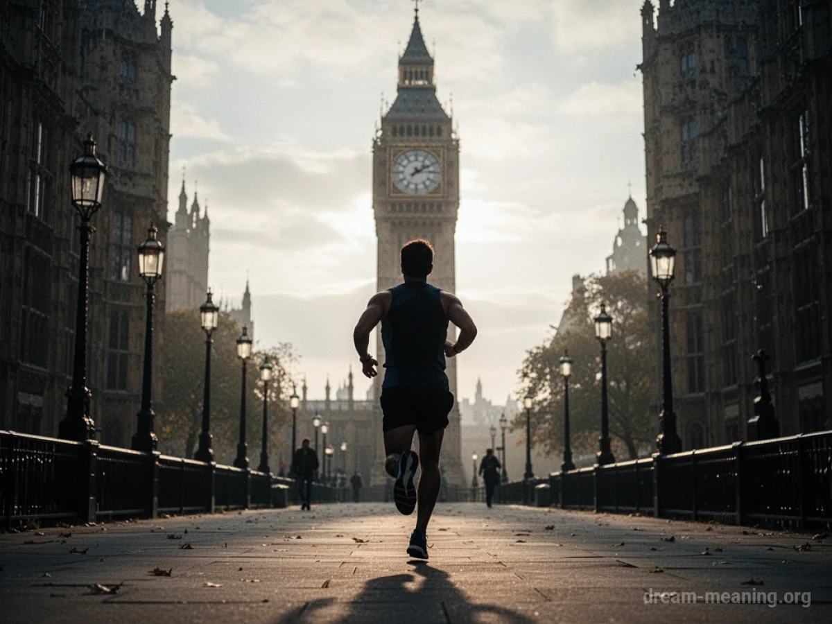 Silhouette of a person running towards a clock tower.