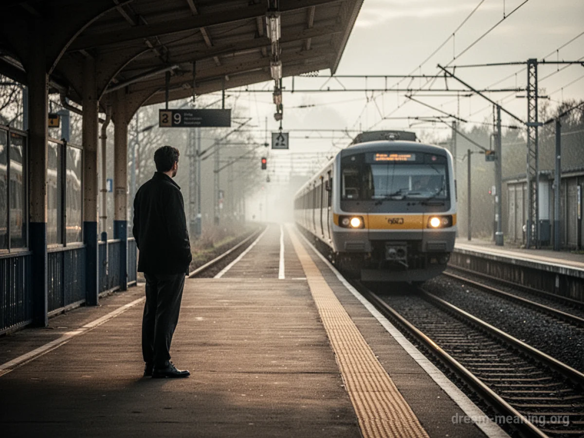 A lone figure watches a departing train from an empty platform.