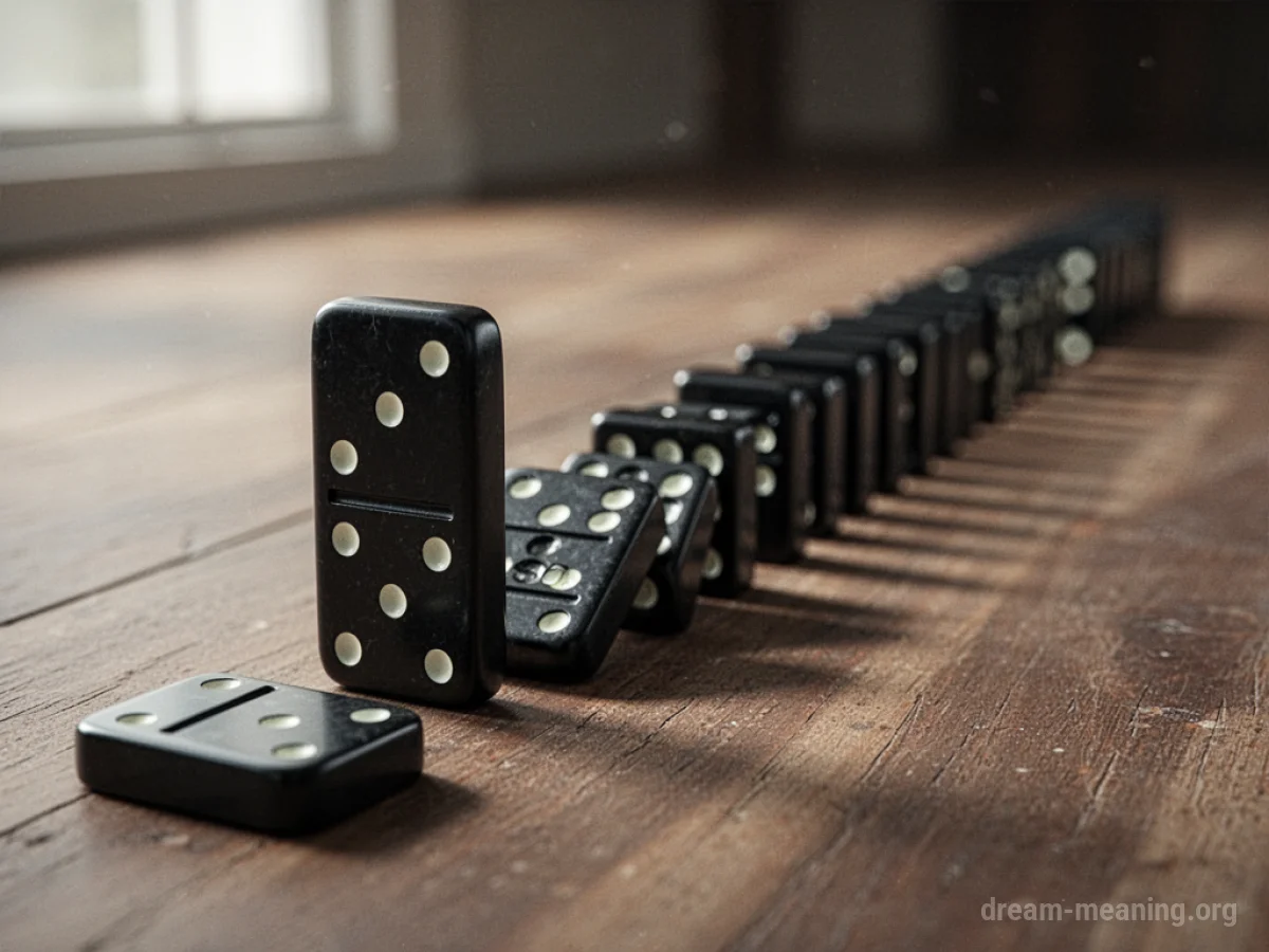A single black domino poised to fall in front of a line of fallen black dominoes.