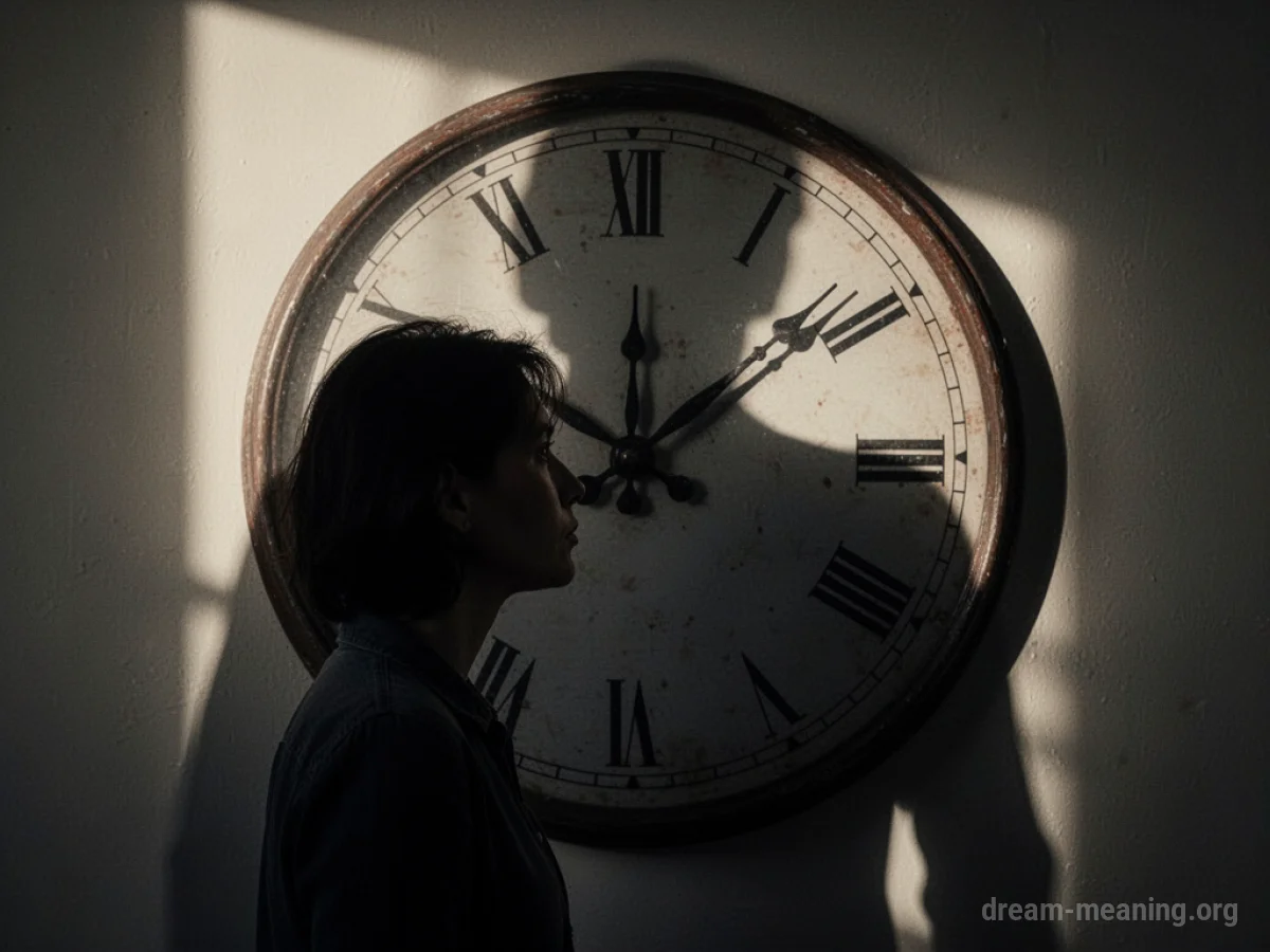 Silhouette of a person facing a clock with a shadow figure behind them.