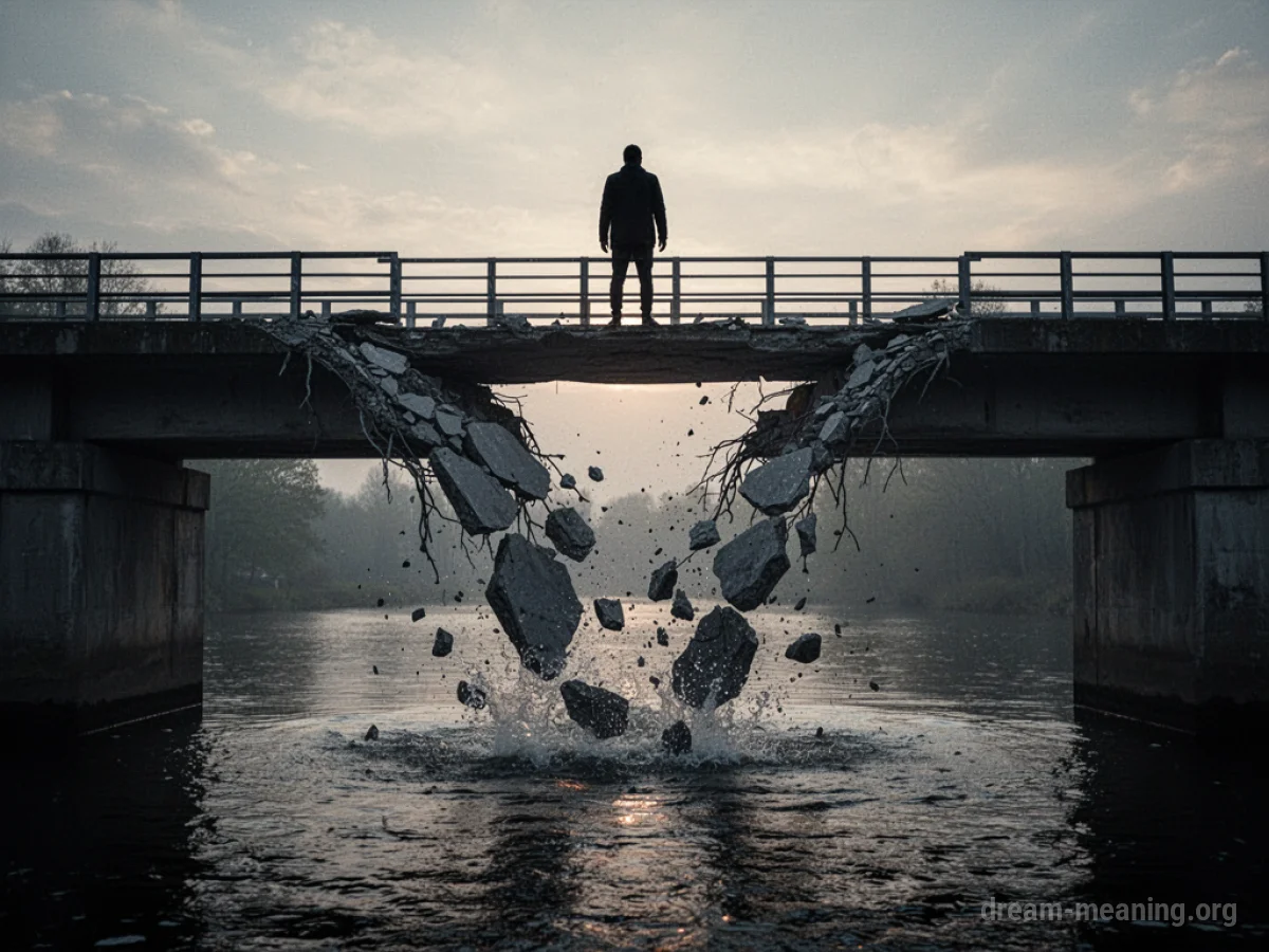 A bridge breaking apart over a deep canyon.