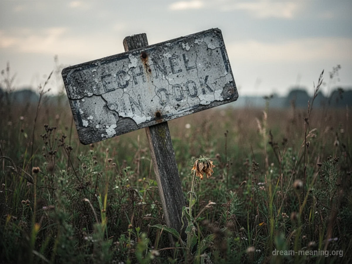 A weathered and cracked signpost leaning precariously in a field.