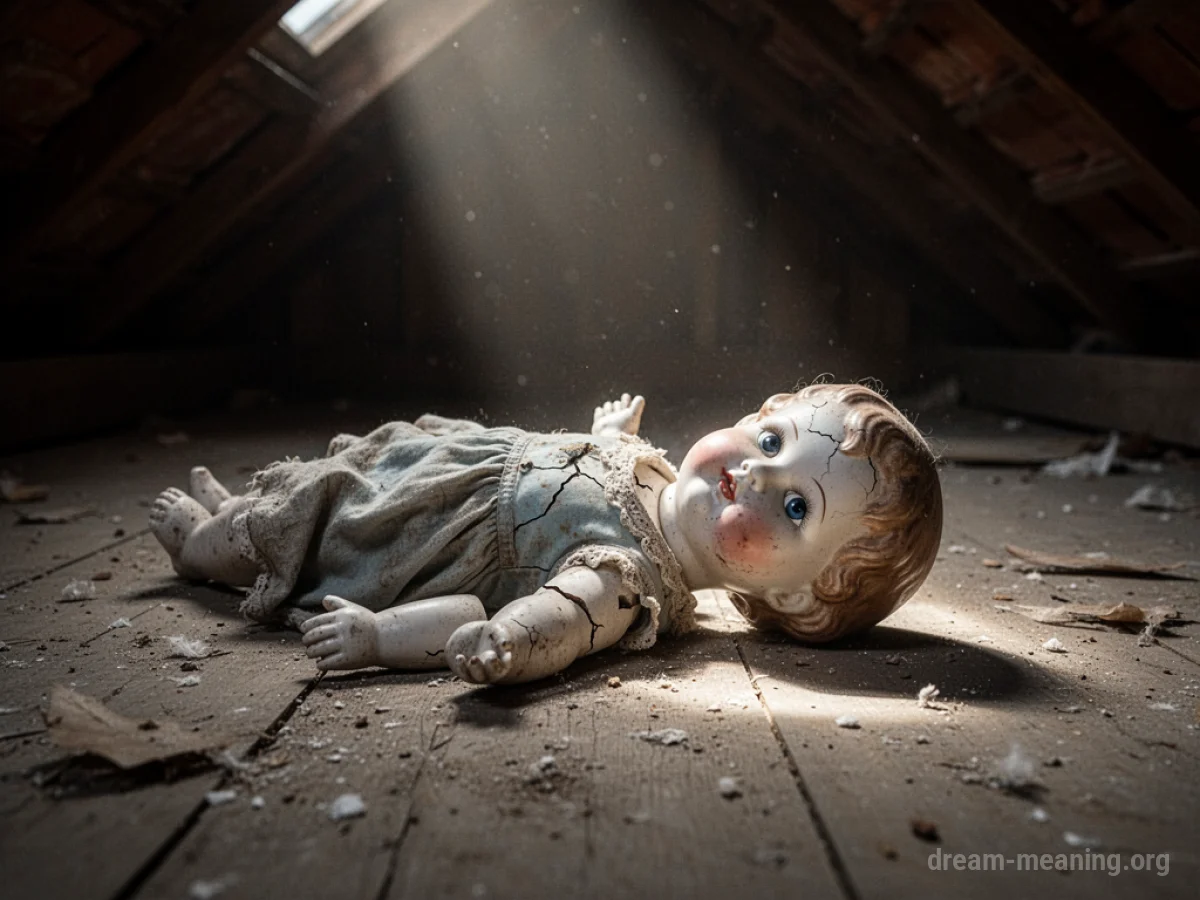 A cracked porcelain doll with a missing arm on a dusty floor.