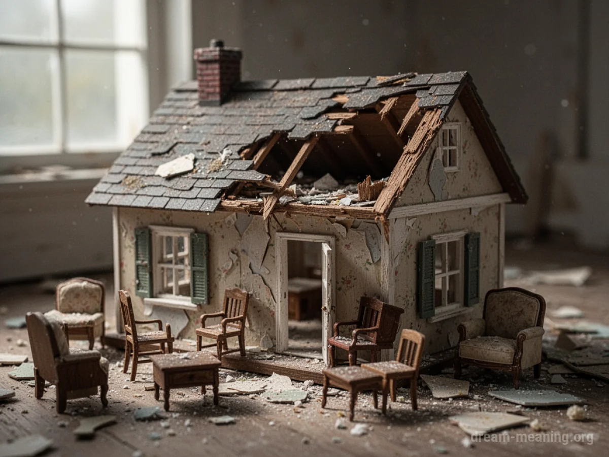 A damaged miniature dollhouse with its roof caved in.